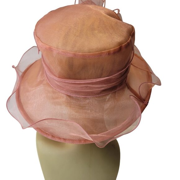 Dusty Rose Dress Hat Pink Organza Packable Ruffles Frilly Wedding Hat - Picture 7 of 15